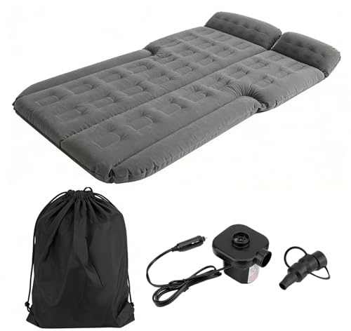 BuyWeek Matelas Gonflable de Voiture pour SUV, 185 x 110 cm Matelas Voiture Arriere Pliable Surface Floquée Doux et Confortable avec Pompe à Air et 2 Oreillers pour Repos Camping Voyage (Gris)