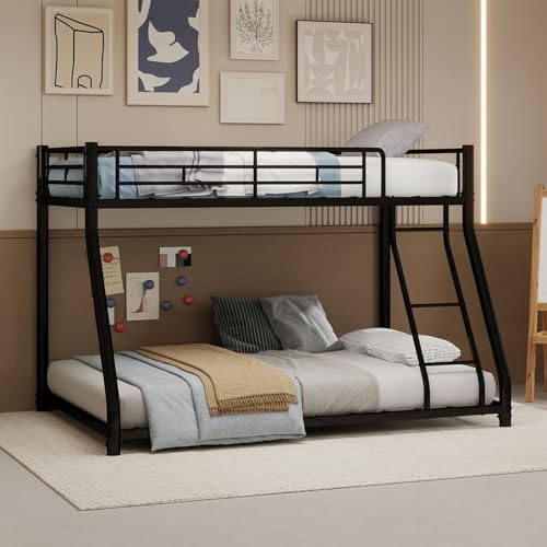 Zepneiy Litera con Superior Medida 90 x 190 cm e inferior Medida 140 x 190 cm, Cama entrepiso de 2 plazas con escalera y estructura de metal negro (sin colchón)