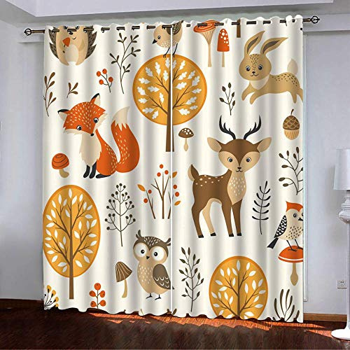 Lot de 2 Rideaux Occultants - Enfants Animal Rideau Renard Cerf Lapin Chouette - Rideau Design Moderne - Rideaux à Oeillets Isolation Thermique pour Chambre Salon Maison Bureau Décoration 140x160 cm