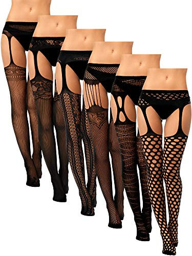 Geyoga 6 Paar Damen Netzstrümpfe Schwarze Spitze Netzstrumpfhose Ouvert Muster Strumpfhosen für Halloween Frauen (Klassischer Stil)