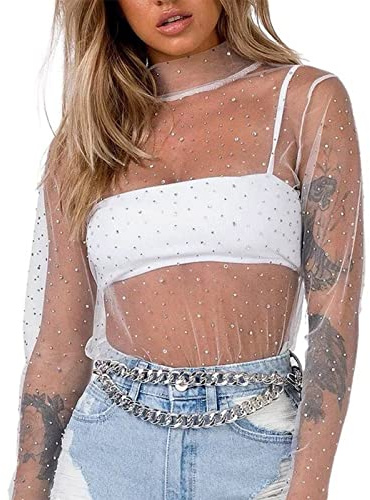 enheng Femmes Perle Strass Voir À Travers Crop Top, Manches Longues Sheer Body Tops Mesh Blouse Cover Up Clubwear