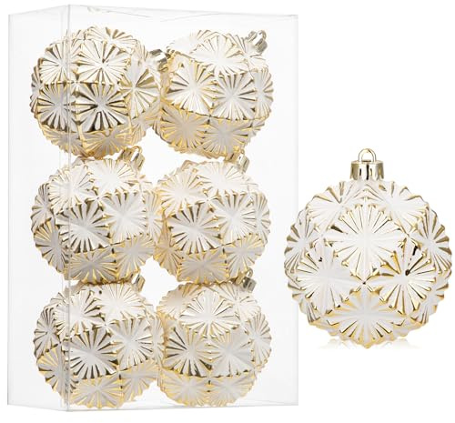 Briful 80mm/3.15 Rustic Christmas Ball Ornaments 6PCS White and Gold Textured Vintage Xmas Balls Decorative Baubles for Christmas Tree Wreath Garland Holiday Farmhouse Home Decor