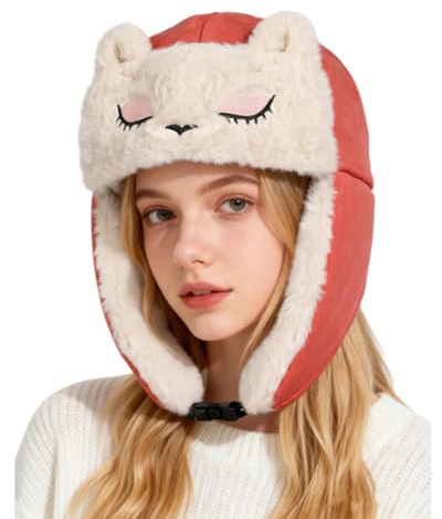 Chapka d'Hiver Femmes Filles Chapeau de Trappeur en Forme de Renard Mignon Chapeau d'Aviateur en Peluche avec Cache-Oreilles Chapeau de Chasse Russe Chaud Anti Vent pour Ski Cyclisme Alpinisme