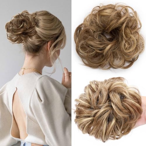 SEGOHAIR Messy Bun Hair Piece Fake Hair Bun Hair Scrunchies Bun - Lightweight 25g Synthetic Hair Bun Piece for Women, Light Brown to Ash Blonde Curly Wavy Elastic updo Scrunchy Bun