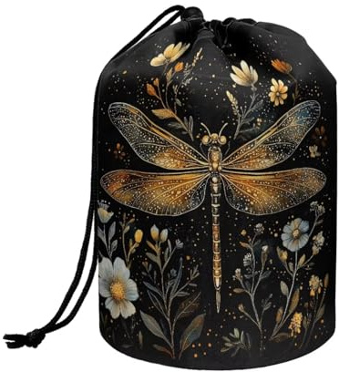Wnbucioht Drawstring Cosmetic Bag Art Dragonfly Print Open Flat Toiletry Bag Travel Essentials Makeup Organizer Case for Women Girls Gift Dragonfly Print Drawstring Wash Bag with Brush Holder & Pouch