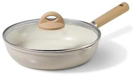 CAROTE 10 Ceramic Frying Pan with Lid, Non Stick Frying Pan Skillet Chef's Pan, Healthy & PFOA/PFAS Free, Induction-Compatible, Taupe