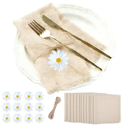 GYHWOFUL 12 Stück Stoffservietten Beige 42x42 cm mit 10 m Hanfseil & 12 Dekorative Blumen, Leinen Servietten Wiederverwendbar, Tischdekoration für Hochzeit, Geburtstag, Abendessen, Cafe, Restaurant
