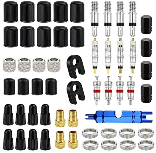 Simsky Kit de 57 Piezas para Válvula Presta, Adaptador de Válvula Francesa con Tapones y Llave para Bicicletas, MTB – Recambio Completo