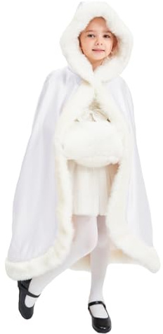 BEAUTELICATE Cape à Capuche Fourrure Princesse de Enfant Fille Bébé Manteau Longue pour Mariage Hiver Fête Cérémonie Halloween Noël (Blanche, 55CM Longueur)
