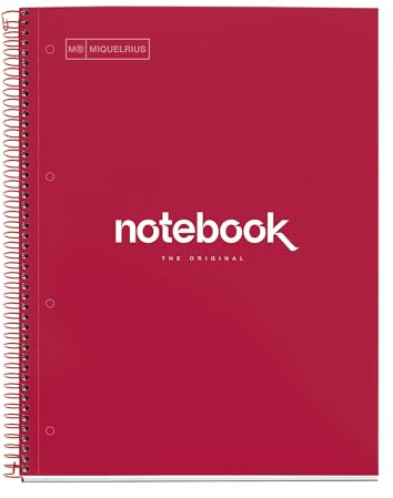 Miquelrius - Anteckningsbok A4 Notebook Emotions, 120 Sidor 90 g/m², Horisontell anteckningsbok 7 mm, 5 Färgade ränder, Mikroperforerad spiralbindning, Extra styvt omslag, 4-hålsstansad, Röd
