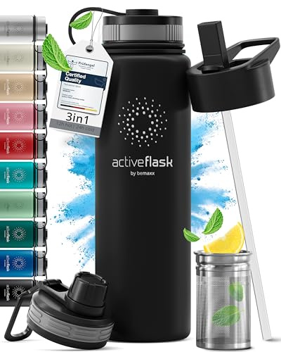 Trinkflasche Edelstahl ACTIVE FLASK + Strohhalm (3 Deckel) BPA-frei, Auslaufsicher, Kohlensäure geeignet - Wasserflasche Fahrrad Thermosflasche Isoliert Isolierflasche Sport Wasser Flasche Kinder Tee