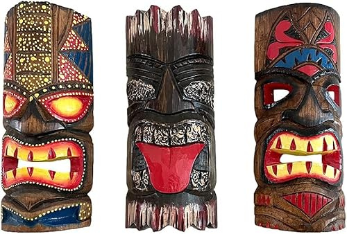 OMA Set of (3) Wooden Hand Crafted African Decorative Masks For Protection And Luck Tiki Mask Home Decor Gift 12 High