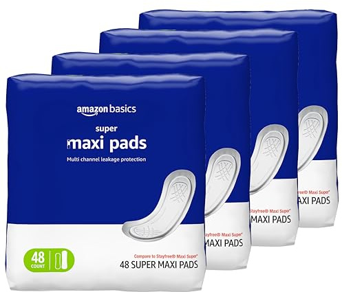 Amazon Basics Maxi Pads for Periods- Thick, Super Absorbency, Unscented, 192 Count, (4 Packs of 48)