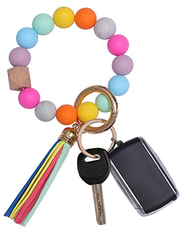 AOKSUNOVA Schlüsselanhänger Auto Frau Schlüsselanhänger Armband Schlüsselbund mit Silikon Perlen Fransen Regenbogen