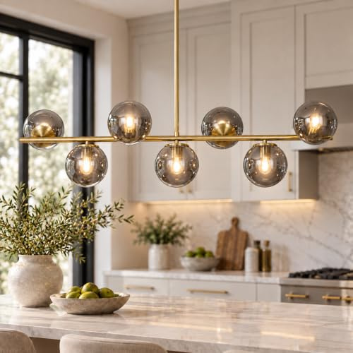 KCO Mid Century Modern 7 Light Brass Gold Linear Sputnik Chandelier