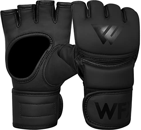 WFX MMA Boxing Gloves Open Palm Padded Knuckles Fist Wraps Martial Arts Training Leather Gloves Sparring Grappling Speed Bag Combat Mitts Kickboxing Punching Muay Thai Cut Pad Support (Black, M)