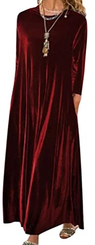 Minetom Femme Automne Hiver Casual Longue Robe Velours Elegant Couleur Unie Manches Longues Lâche Robe Soirée Fête Cocktail Maxi Robes A Rouge XXL