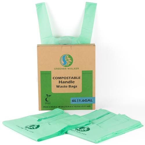 GREENER WALKER 6L Compostabile Sacchi Manici Facili da Annodare 150 Sacchetti, 100% Biodegradabile per Rifiuti Alimentari da Cucina con Europe EN13432 & ASTM D6400 Certificato