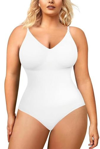 BRABIC Bodysuit for Women Seamless Tummy Control Shapewear Sleeveless Tank Tops Body Shaper, White Brief, Medium/Large