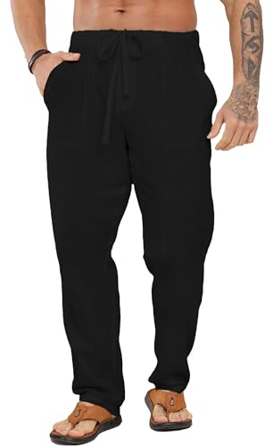LVCBL Mens Linen Trousers Mens Baggy Harem Pants Casual Beach Pants Black M