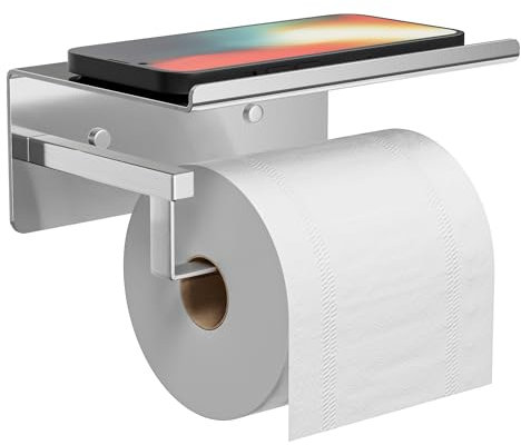 susswiff Portarotolo per carta igienica con ripiano, cromato, porta rotolo di carta igienica, autoadesivo, senza foratura, per bagno, in acciaio inox, argento