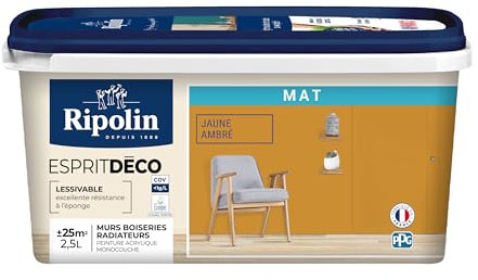 RIPOLIN - Peinture Intérieure Multi-Supports – Murs, Boiseries & Radiateurs – Ultra Couvrante – Lessivable – Application Facile – Ecolabel - Aspect Mat - 2,5L - Jaune Ambré