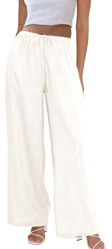 Duyang Womens Cotton Linen Palazzo Pants Drawstring Elastic Waist Casual Wide Leg Trousers with Pockets(Apricot,M)