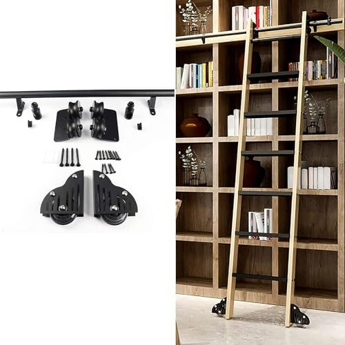 Schiebeleiter-Hardware, komplettes Rollschienenset für Holzleitern (ohne Leiter), Mobile Leiterschiene aus Rundrohr, komplettes Hardwareschienenset, Bodenrolle mit Bremse, Schwarze