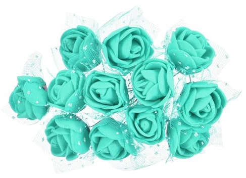 PATIKIL Mini Rosas Artificiales Cabezas de Flores 2.5cm, 144Pcs Tallos a Granel Espuma Rosas Falsas con Gasa para Ramo de Boda Boutonnieres Tartas Manualidades, Azul Verde