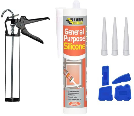 White Silicone Sealant Set - Everbuild General Purpose Anti Mould Waterproof Sealant, 11 Inch Black Caulking Gun, 4 Nozzles, 4 Piece Finishing Smoothing Tool, DIY Decorating, Professional Finish