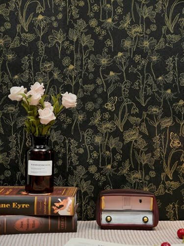 Fiula Självhäftande Tapeter Blommor Självhäftande Film Möbler Svart Och Guld Väggpapper 44 Cm X 3,5 M Dekorativ Folie Möbelfolie Vintage Fåglar Bin Mönster Tapet Vardagsrum Sovrum Vattentät Tapet Kök