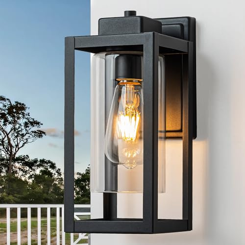 FTL Outdoor Wall Lights, Porch Lights Outdoor Glass Light E27, Matte Black Exterior Lantern Wall Lighting, IP44 Waterproof Garden Wall Light, Modern Outside Wall Lamps for Patio, House, Garage