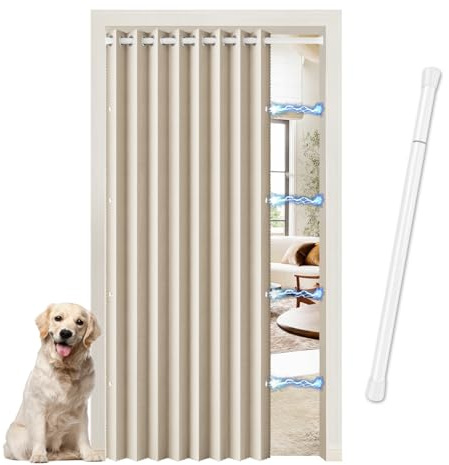 JCyh Cortina Plegable para Puerta con Barra Telescópica - Sin Perforaciones para Fácil Instalación - Cortina Opaca Magnética para Cocina, Separación de Ambientes, Dormitorio y Armario Abierto, Arena