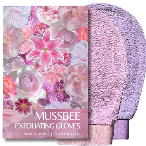 Exfoliating Gloves for Deep Skin Exfoliation and Dead Skin Removal, plant based shower mitts, pink purple