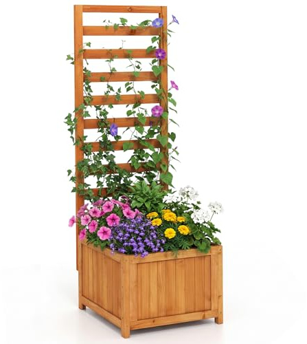COSTWAY Blumenkasten mit Rankgitter, Pflanzkasten für Kletterpflanzen, Pflanzkübel mit Sichtschutz, Hochbeet mit Spalier, Liner, Ablauflöchern, Blumenkübel für Garten Balkon, Holz, 123 cm hoch, Orange
