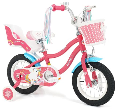 COSTWAY Girls Bike for 3-4 Years Old, 12 Inch Kids Bike w/Basket, Doll Seat & Colorful Streamers, 85% Pre-Assembled Children Bicycle w/ 2 Training Wheels, Adjustable Seat & Handlebar, Pink
