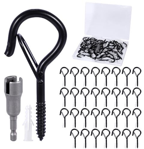 Vexnaro 32 Pezzi Ganci a Vite in Acciaio Inox Nero con Chiusura Di Sicurezza, Ganci Avvitabili per Parete e Soffitto, Ideali per Piante, Luci Decorative, Lanterne, Piante in Vaso, Campanelle a Vento
