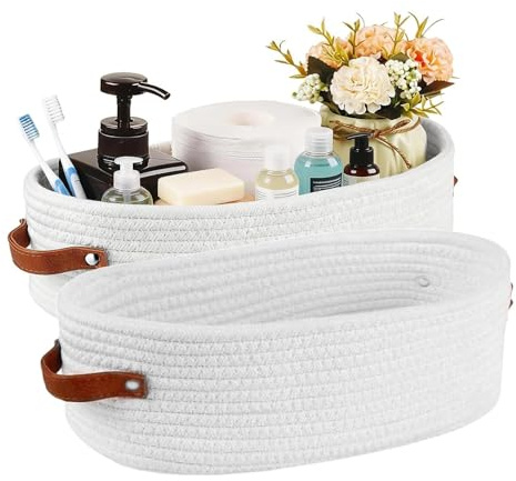 txuzong 2 cestas de almacenamiento para baño, cestas de cuerda de algodón, 33 x 15 x 10 cm, cesta trenzada multifuncional, cesta de almacenamiento trenzada (blanco) para baño, dormitorio, sala de