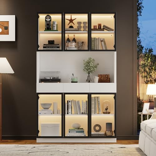 Ktipm Vitrina Expositora Moderna con Luz LED y 6 Puertas de Cristal, Muebles de Salon Vitrina con 3 Cajones, Vitrinas Expositoras para Salon con Dispositivo Antivuelco, 120x36x200 cm, Blanco