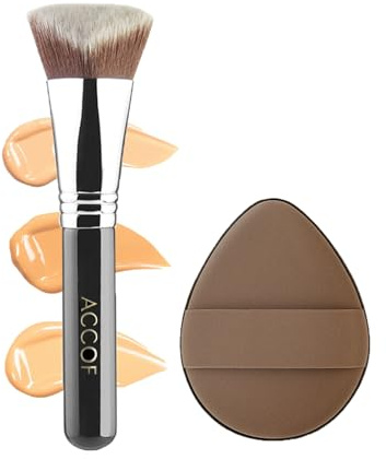 3DHD Dense Pinceau Fond de Teint Kabuki,1.38 Pouce Grande Tête Plat et Biseauté Professionnel Pinceau Fond de Teint Liquide,Crème,Poudre,et Contouring, Pinceau Maquillage avec Éponge Maquillage