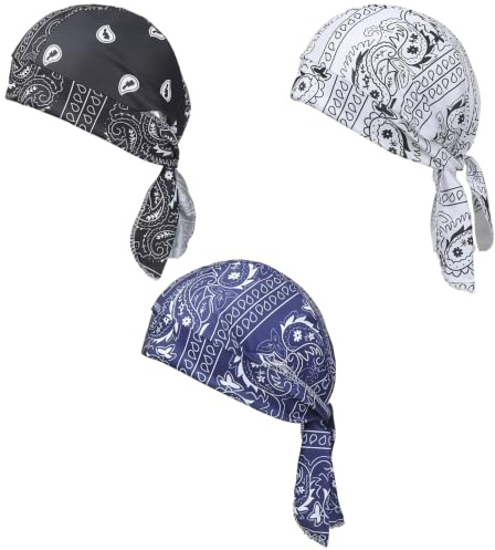 3-pack bandana keps män kvinnor, ventilerande huvudduk för cykling löpning, UV-skydd cykelkeps och löpmössa, paisley piratmössa sport huvudbonad, svart vit marinblå