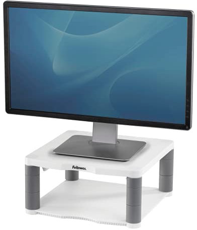 Fellowes Premium Adjustable Monitor Stand, White, Supports Up To 36kg or 21”, 5 Stacking Heights