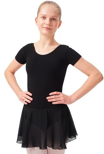 tanzmuster ® Ballettkleid Mädchen Kurzarm - Lucy - Baumwolle - Chiffon Röckchen - schwarz, Größe:164/170