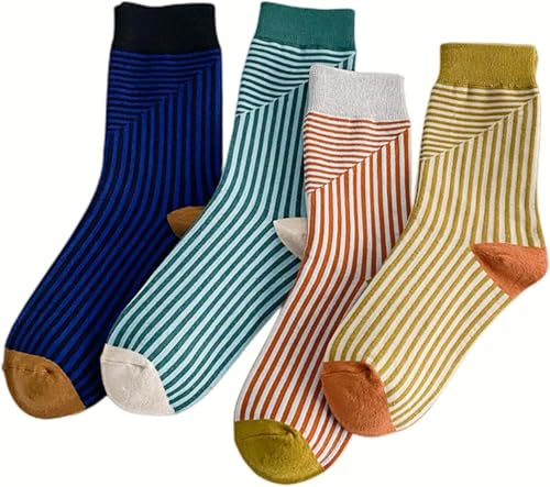 QARIDO Calzini Donna Calzini Vintage Moda Donna Calzini a righe multicolore Stile Università Cotone(Colore: 4 coppie Dimensioni: 34-39 yards)