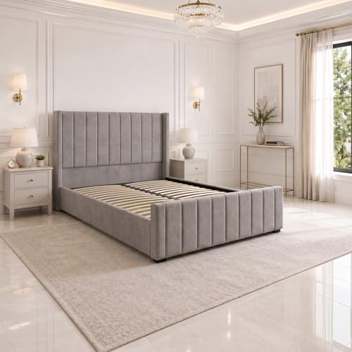 SANA SLEEP 4FT6 Ottoman Panel Wing Plush Velvet Upholstered Bed Frame With Storage Option - Plush Grey