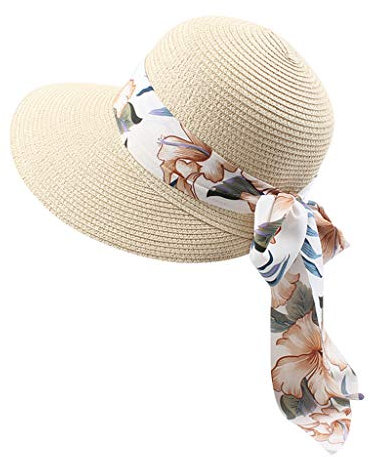 Strohhut mit Schleife Damenhut Sommerhut Sonnenhut Strandhut Damen Frühling-Sommer Sommerhut Sonnenhut Damen Eleganter Strohhut Sommerhut Faltbarer Anti elegant Strandhut mit breiter (Beige, One Size)