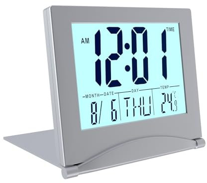 MMOBIEL Digital Clock LCD Travel Alarm Foldable with Backlight – Day, Date and Temperature Indication – Digital Alarm Clock for Table, Desk - Battery Operated – Silver
