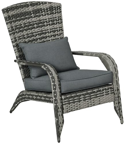 Outsunny Sedia da Giardino Adironrack con Braccioli e Cuscini, Sedia in Rattan e Acciaio per Interni ed Esterni, 64x80x90 cm, Grigio