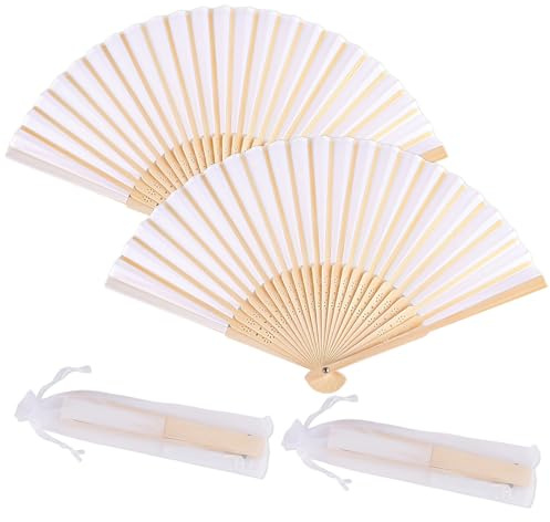 Vaktop Handfächer, 2er Klein Handfächer aus Stoff für eine Abkühlung im Sommer, Faltbar Handfächer mit Fan-Tasche - für Hochzeite Bevorzugung Aufführung Tanz Dekoration (Weiß)
