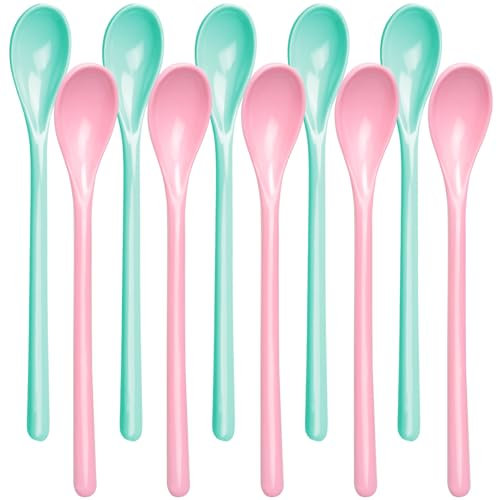 Mispudin 10 Cuillere Longue en Plastique Reutilisable, Cuillere Plastique Rose et Bleu, Cuillère à Café, Cuillère à Confiture Long Manche, Cuillère à Dessert Longue pour Thé, Yaourt, Glaces, cocktails